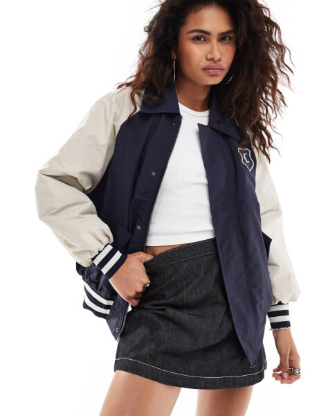 Lioness collegiate collar detail bomber jacket with contrast sleeves in navy