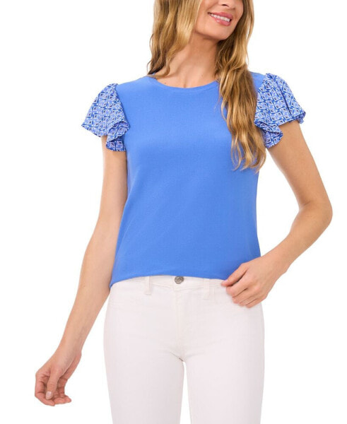 Women's Mixed-Media Flutter-Sleeve Knit Top