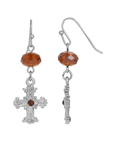 Silver-Tone Brown Crystal Cross Drop Earrings