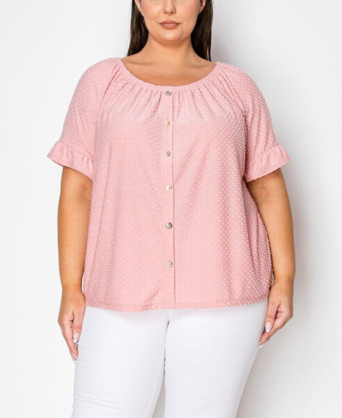 Plus Size Swiss Dot Button Front Ruffle Sleeve Top