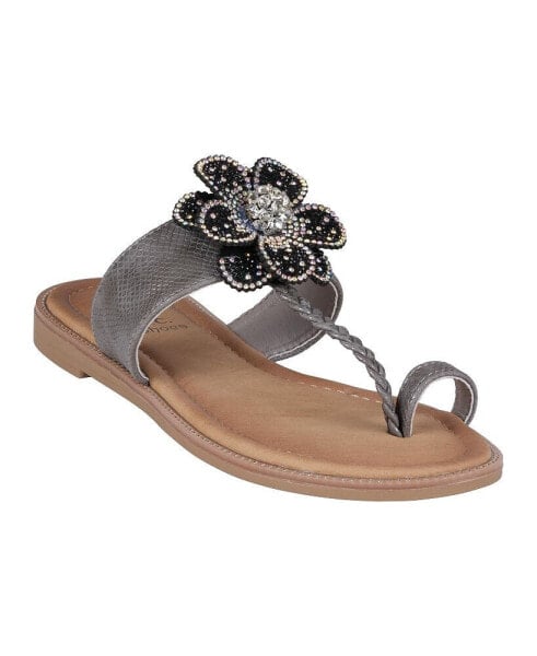 Women's Blossom Flower Embellished Toe Ring Flat Sandals