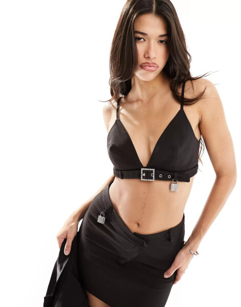 Kaiia diamante padlock bralette top co-ord in black