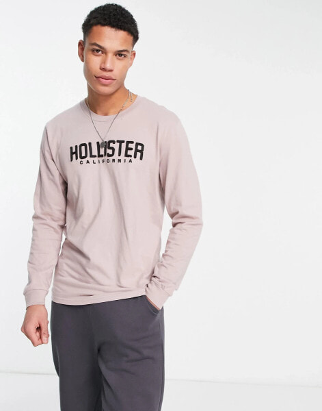 Hollister long sleeve t-shirt in beige with chest logo