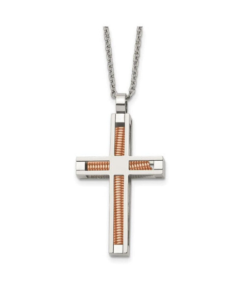 Chisel polished Rose IP-plated Cross Pendant on a Cable Chain Necklace