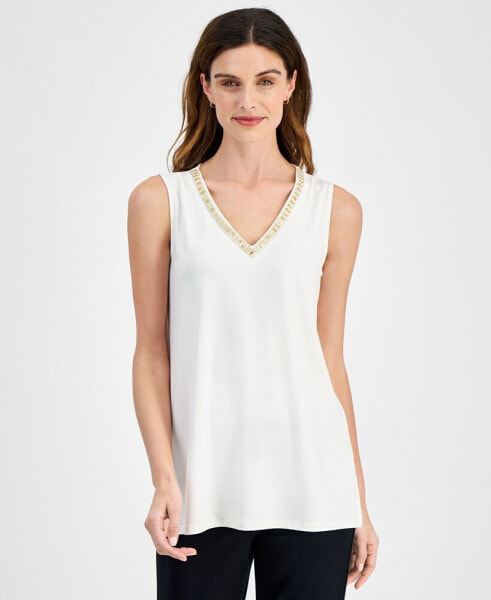 Petite Embellished V-Neck Sleeveless Top, Created for Macy's