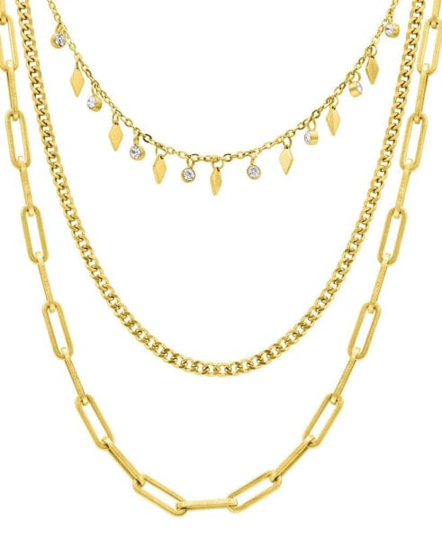 Gold Cubic Zirconia Paperclip, Curb, and Dangle Diamond Chain Necklace Set