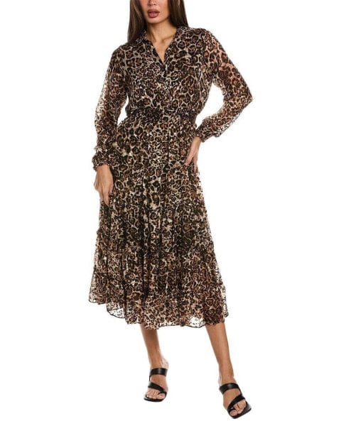 Elie Tahari The Geneva Silk Burnout Midi Dress Women's Brown S