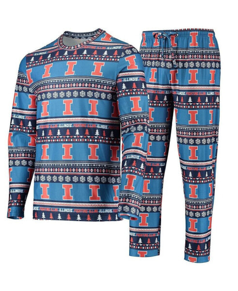 Men's Blue Illinois Fighting Illini Ugly Sweater Long Sleeve T-shirt and Pants Sleep Set