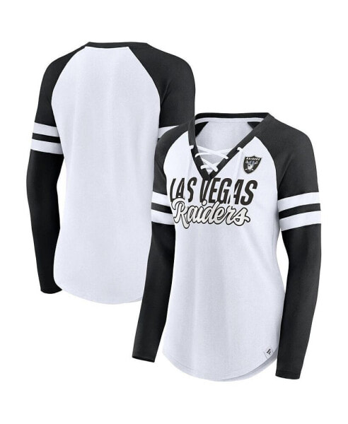 Women's White Las Vegas Raiders Plus Size True to Form Lace-Up V-Neck Raglan Long Sleeve T-shirt