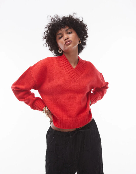 Topshop knitted high v-neck clean jumper in red