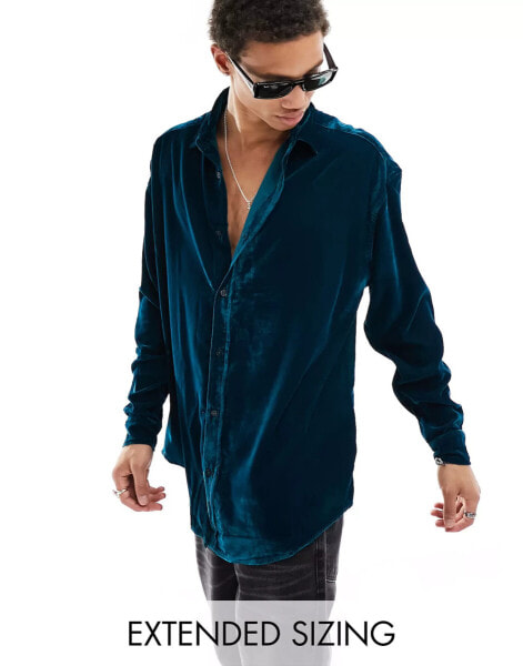 ASOS DESIGN 90s oversized velvet shirt in teal velvet