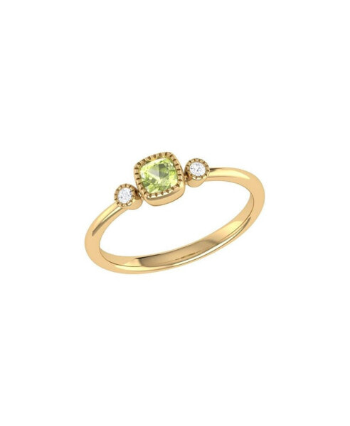 Cushion Cut Peridot Gemstone, Natural Diamonds Birthstone Ring in 14K Yellow Gold