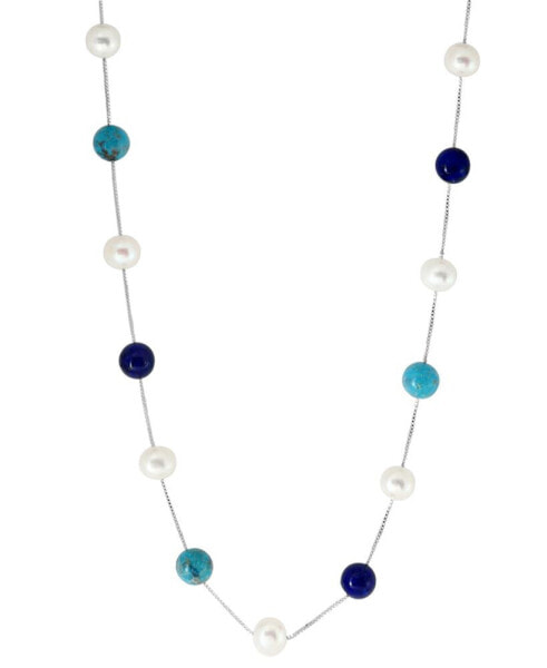 EFFY® Freshwater Pearl (8mm), Lapis Lazuli, & Turquoise Bead 18" Collar Necklace in Sterling Silver