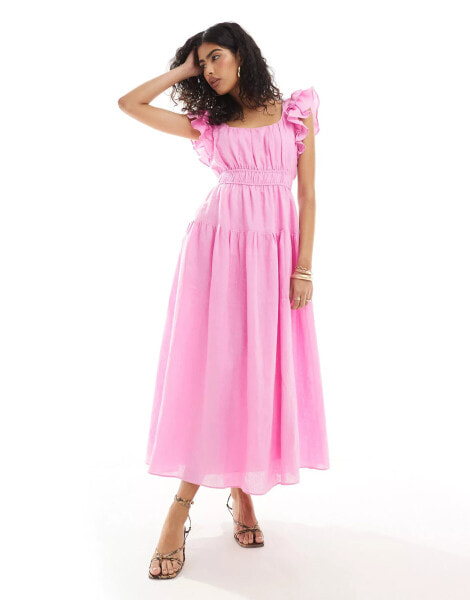 Forever New ruffle shoulder midaxi dress in baby pink