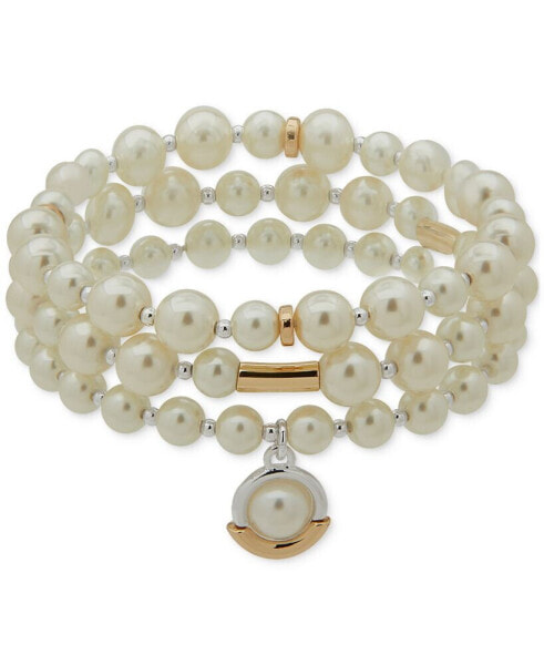 Two-Tone 3-Pc. Set White Imitation Pearl Stretch Bracelet