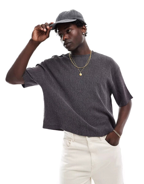 ASOS DESIGN relaxed cropped t-shirt in textured crepe in grey