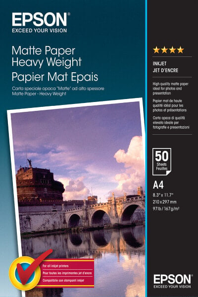 Epson Matte Paper Heavy Weight - A4 - 50 Sheets - Matte - 167 g/m² - A4 - White - 50 sheets - WorkForce WF-7620DTWF WorkForce WF-7610DWF WorkForce WF-7110DTW WorkForce WF-3640DTWF WorkForce...