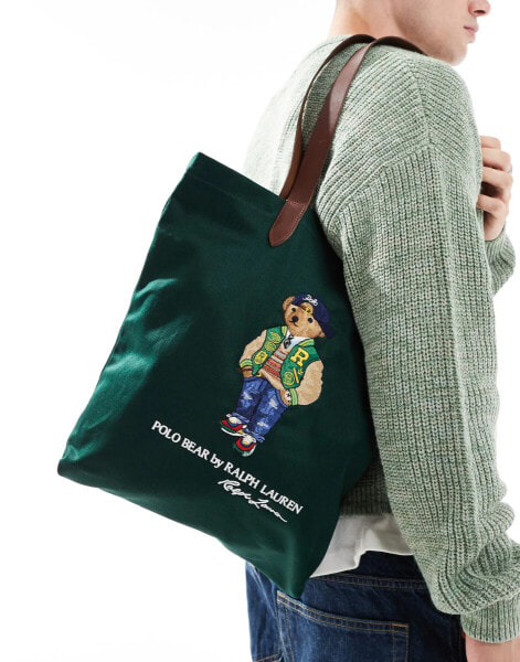 Polo Ralph Lauren tote bag with bear logo in green and tan