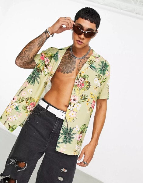 ASOS DESIGN relaxed deep revere shirt in Hawaiian print