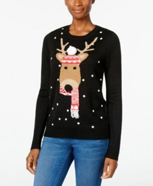 Karen Scott Crewneck Long Sleeve Reindeer Holiday Sweater Black Multi M