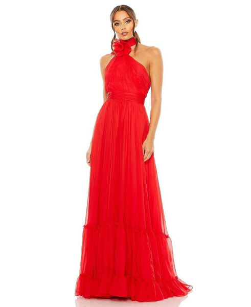 Women's Asymmetrical Halter Neck Tiered A Line Gown