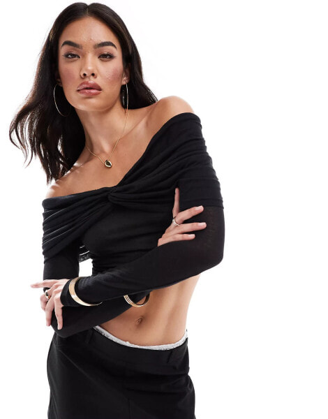 SNDYS mesh bardot twist overlay detail top in black