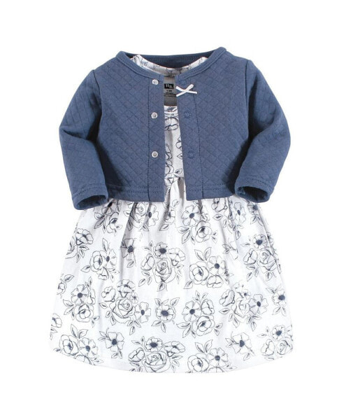 Toddler Girls Quilted Cardigan and Dress 2pc Set, Blue Toile