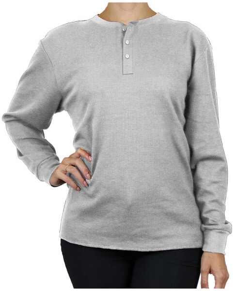 Women's Oversize Loose Fitting Waffle-Knit Henley Thermal Sweater