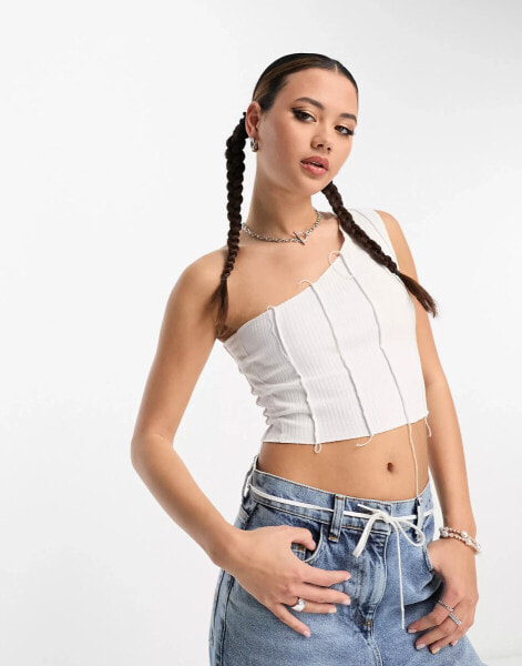 ASOS DESIGN one shoulder exposed seam top in white