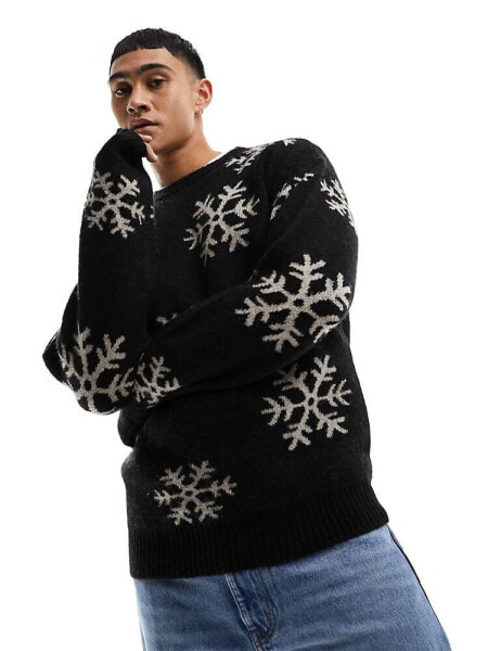 Jack & Jones brushed jumper with snowflakes in black