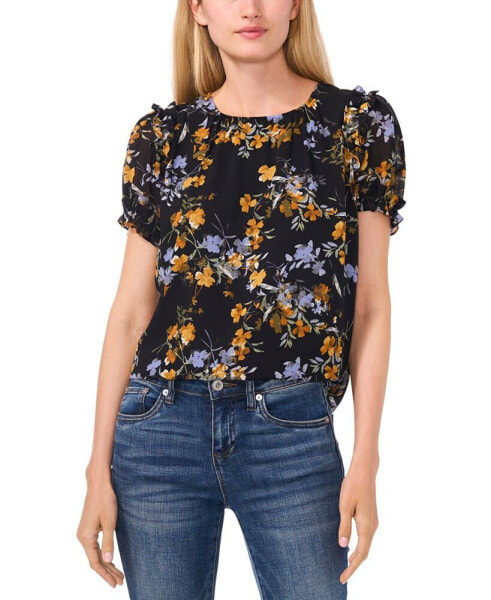 Women's Short Sleeve Round Neck Floral Blouse