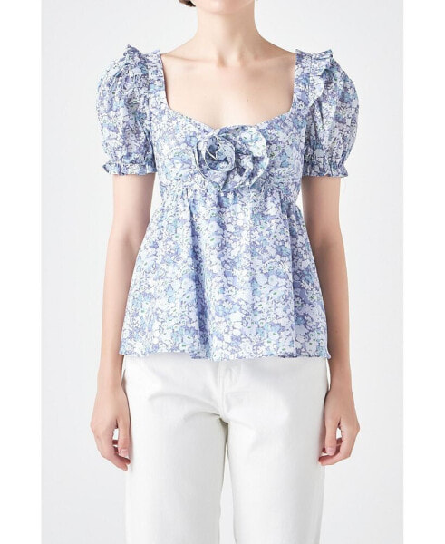 Women's Floral Print Top With Flower