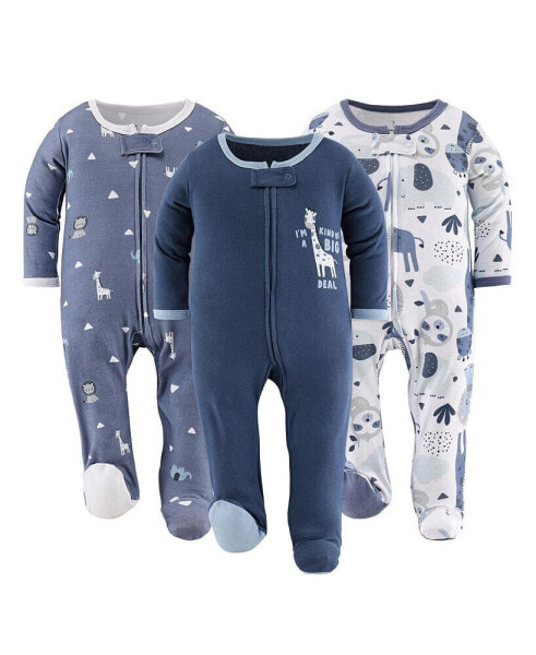 Blue Safari Footed Baby Sleepers for Boys, 3-Pack,