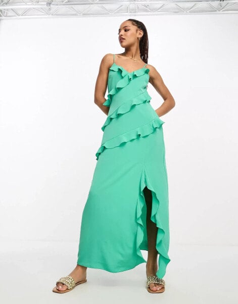 New Look side split satin ruffle midi dress in green