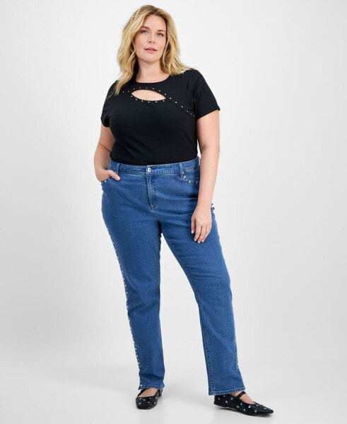 Plus Size High-Rise Rhinestone-Trim Jeans, Created for Macy's