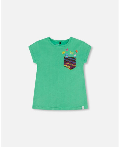 Girl Organic Jersey Top With Print And Sequins Spring Green - Child