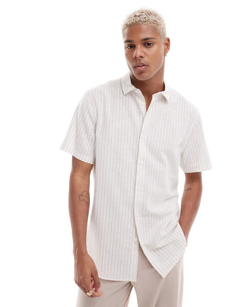 ASOS DESIGN smart linen mix stripe shirt with cutaway collar in beige