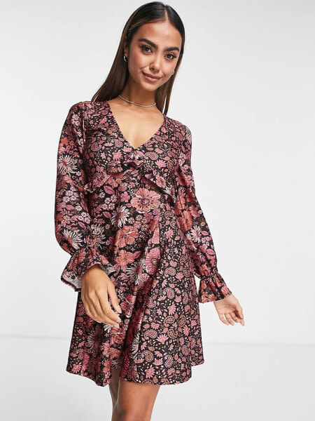 Miss Selfridge mix print v neck ruffle dress 