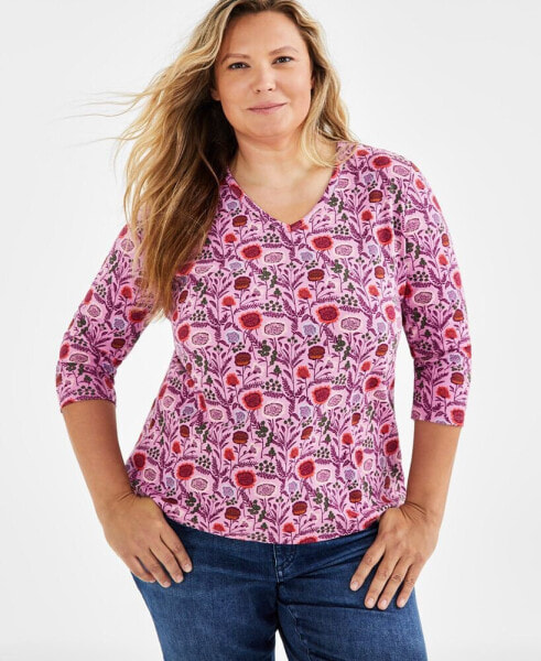 Plus Size Printed 3/4-Sleeve V-Neck Top, Created for Style & Co