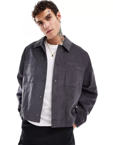 ASOS DESIGN oversized cord harrington jacket with pockets in grey