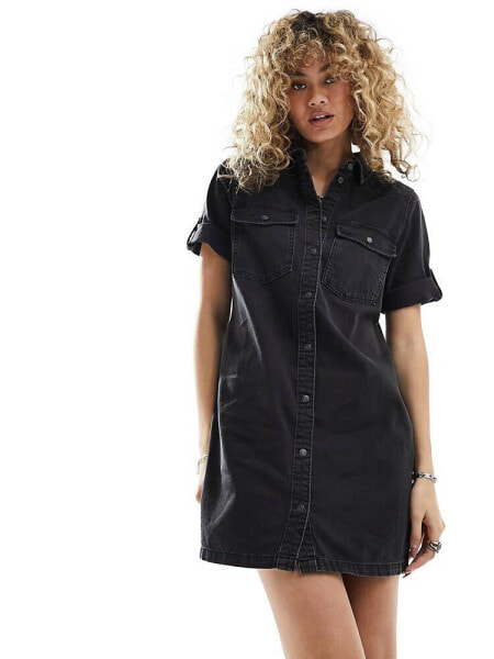 Noisy May button through denim dress in washed black