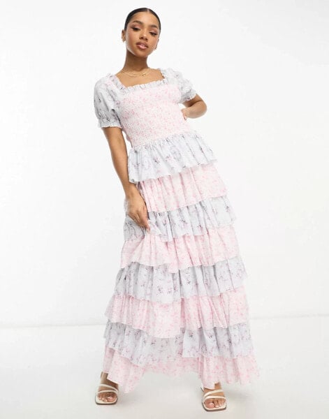 Amy Jane London Luna tiered maxi dress in pink and blue ditsy floral