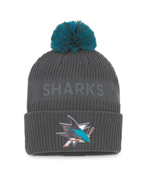 Men's Charcoal San Jose Sharks Authentic Pro Home Ice Cuffed Knit Hat with Pom