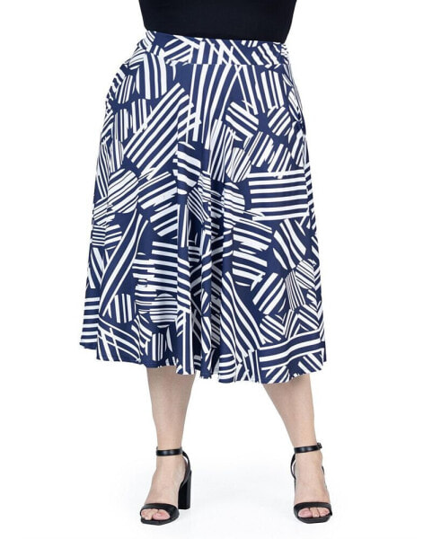Plus Size Pleated Print Midi Skirt with Pockets