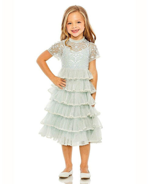 Little Girls High Neck Embroidered Short Sleeve Midi Dress