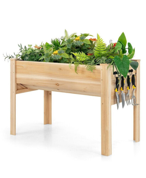48'' Wood Raised Garden Bed w/Tool Hook Elevated Planter Stand w/Funnel Design