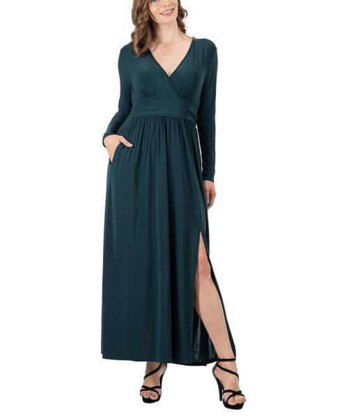 Women's Long Sleeve V-neck Side Slit Maxi Dress