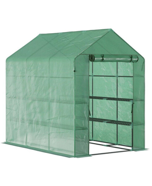 7' x 5' x 6' Outdoor Walk In Greenhouse, PE Cover, Shelves, Door Green