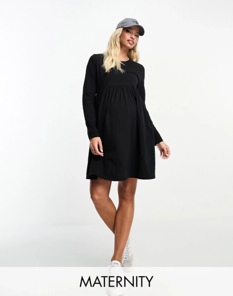 Threadbare Maternity long sleeve smock mini dress in black