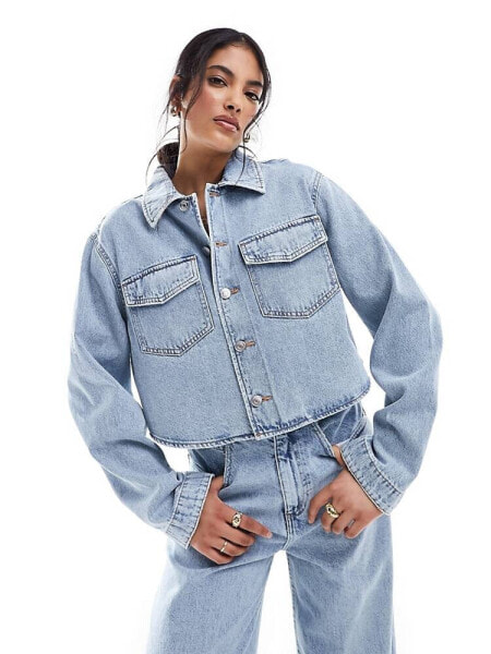 ASOS DESIGN denim cropped shirt in midwash blue